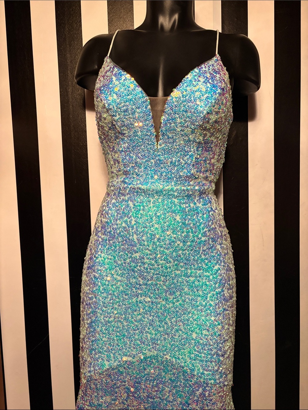 Custom Prom Dress Sparkling Iridescent Sequin Mermaid Dress Aqua Tiffany Blue XS - Picture 15 of 16